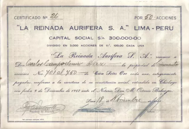 Peru 1948 Reinada Aurifera Gold Co 50 shares 5000 soles Uncancelled 10 revenues