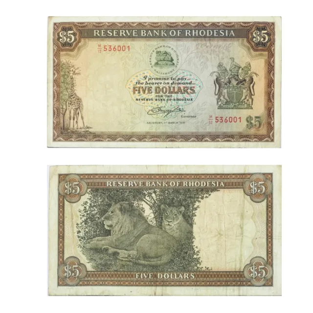 1976 Rhodesia (Zimbabwe) Old 5 Rhodesian Dollars Banknote Lions South Africa