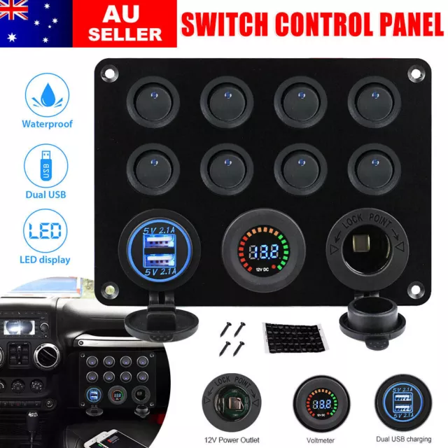 Car 8 Gang 12V Switch Panel LED Rocker USB ON-OFF Toggle For Boat Marine Caravan