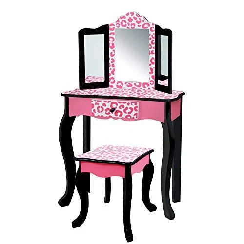 Teamson Gisele Leopard Print Wooden Vanity Set with Tri-Fold Mirror Table and...