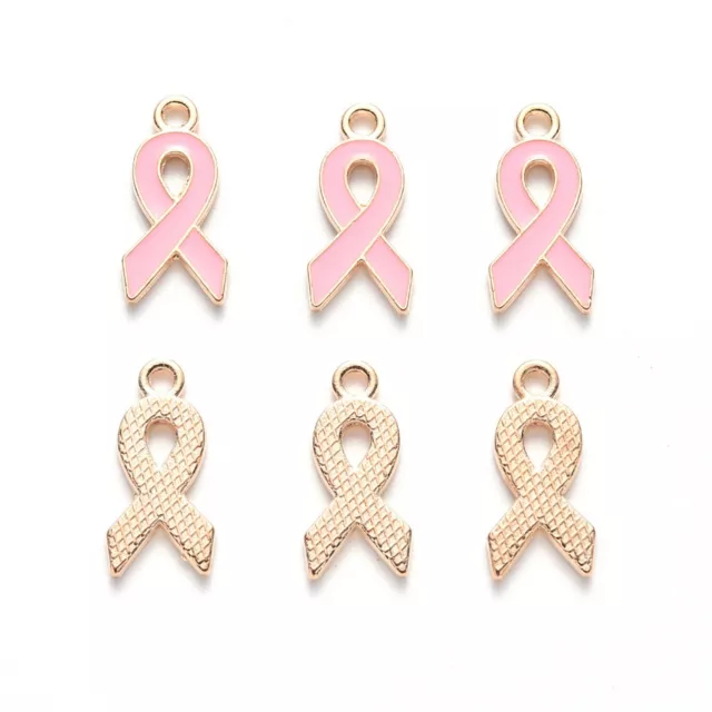 10 Pcs Golden Alloy Enamel Ribbon Breast Cancer Awareness Charms Pendants 20mm