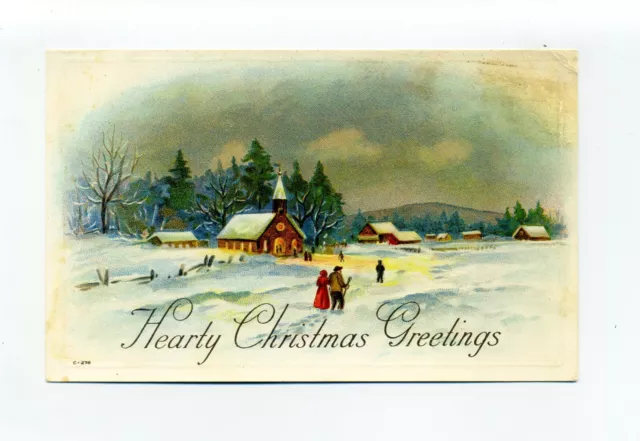 Embossed 1919 antique postcard, Hearty Christmas Greetings, people, snow, church