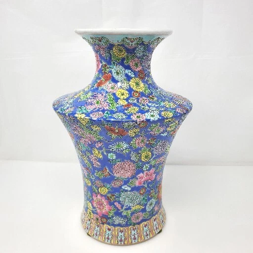 Mid 20th Century Chinese Blue Floral Enameled Vase 11" Colorful Embossed Mums