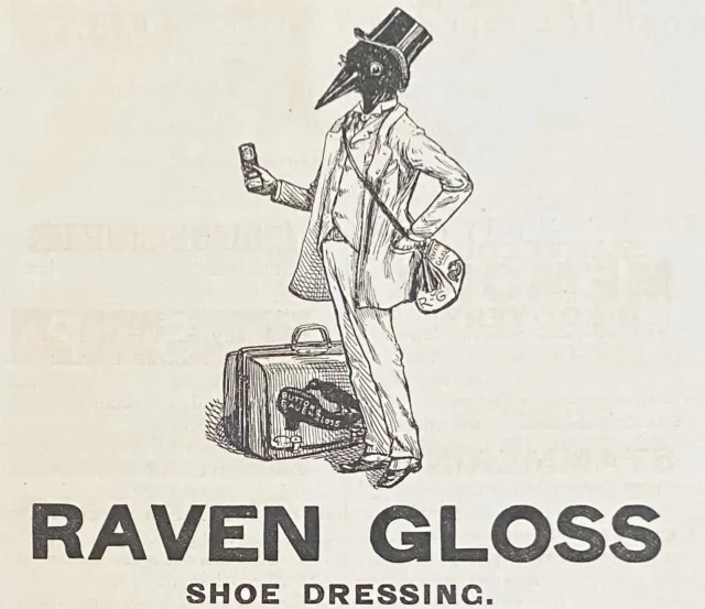 Antique 1887 Print Ad~RAVEN GLOSS Shoe Dressing Polish Funny Black Bird Salesman