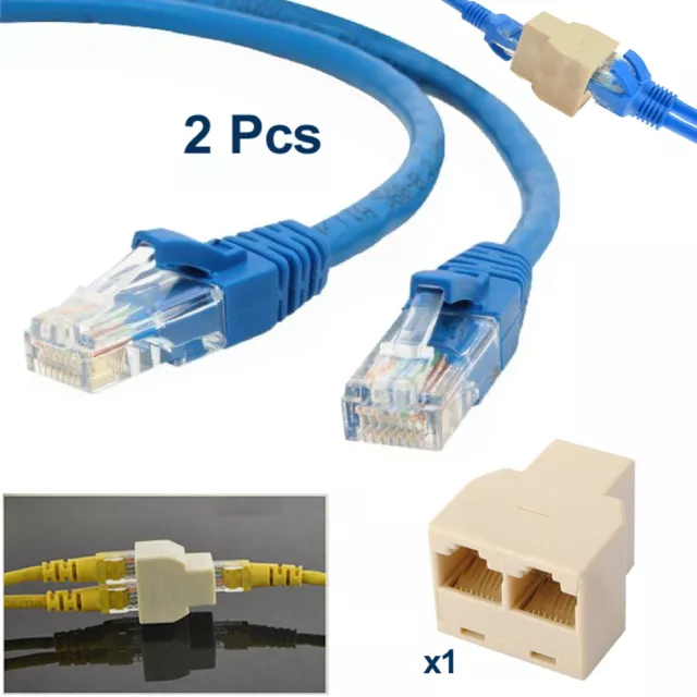 2x 3M RJ45 Cat5e Réseau Ethernet Lan Brassage Câble + Internet Séparateur