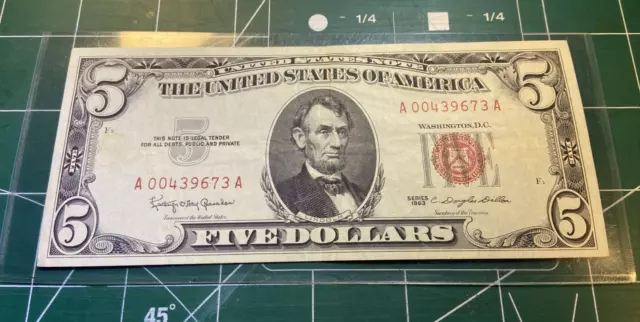 1963 $5 Five Dollar United States Red Seal Note Bill AU Circulated Details