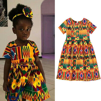 Toddler Kids Baby Girl Dashiki African Print Short Sleeve Princess Dress Clothes