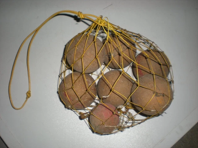 ANCIEN JEU DE boules en bois avec leur filet d'origine vintage EUR 30