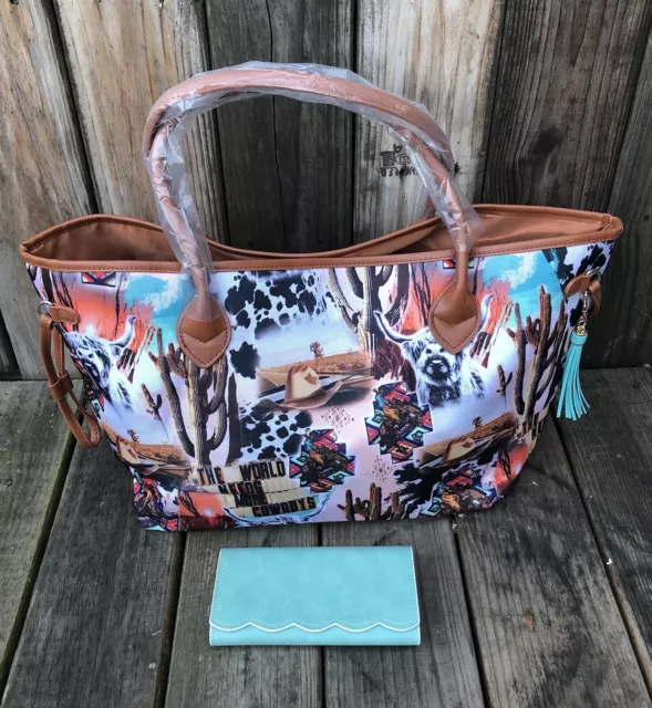New Western Cow Print Overnight Travel Tote Diaper Bag Purse Wallet Set