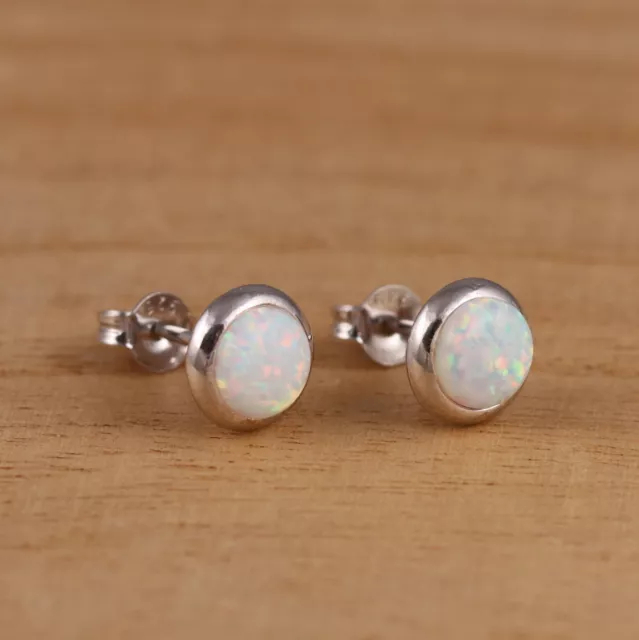 925 Sterling Silver White Opal Round Stud Earrings 8mm Diameter Gift Boxed