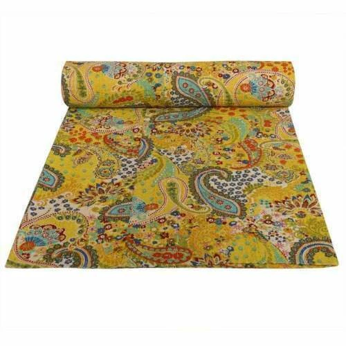 Edredón Queen Kantha colcha algodón color amarillo cubierta decoración del hogar manta arte