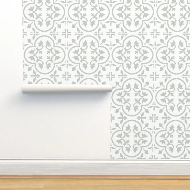 Removable Water-Activated Wallpaper Moroccan Tile Sage Green Mexican Spanish