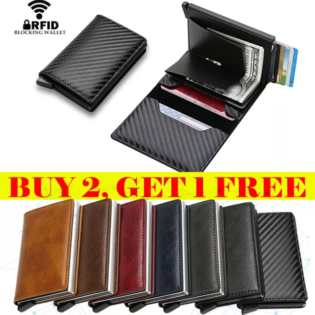 Mens Carbon Fiber RFID Blocking Leather Wallet Purse Slim Credit Card ID Holder