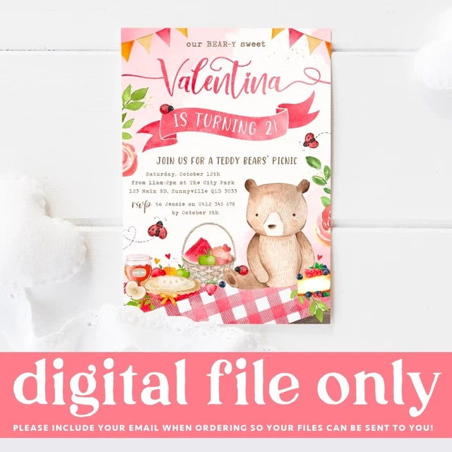 PRINTABLE TEDDY BEAR Picnic Party Invitation 1st First Birthday Digital ...