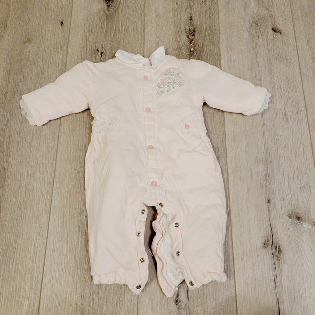 Vtg Harry & David Infant Sz 6/9 ms Pink Floral Embroidered One Piece Romper Snap