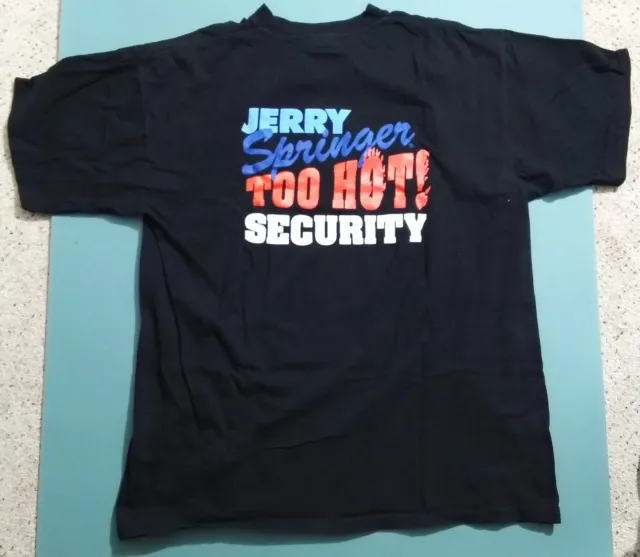 Vintage JERRY SPRINGER Too Hot Security '90s T-shirt Black XL, VIDEO STORE Promo