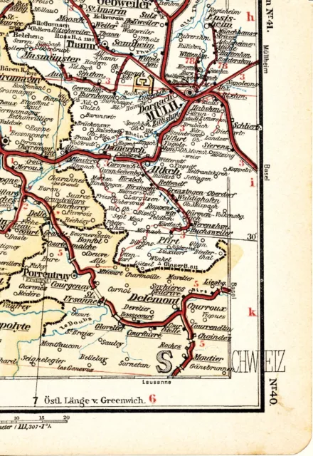 Thann Mulhouse Pfirt 1897 kleine orig. Eisenbahn-Karte Ensisheim Altkirch Delle