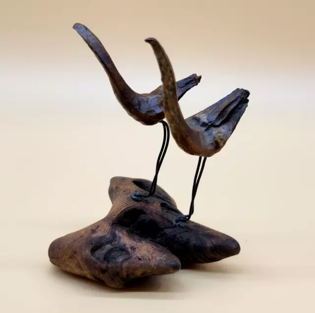 Vintage Hand Carved, small Wooden Birds Sculpture Art on Driftwood
