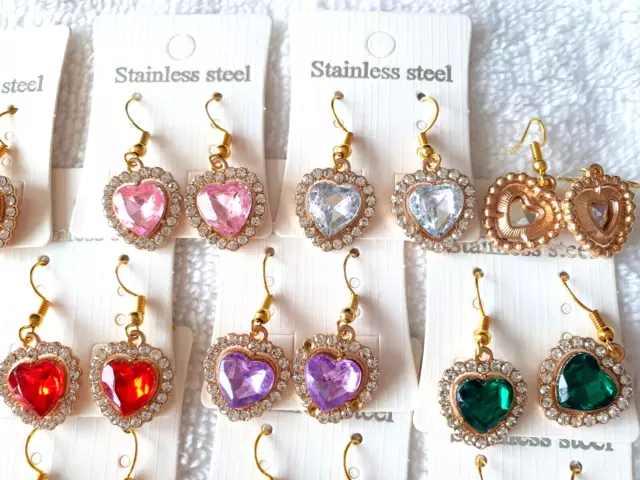 Joblot of 40 pairs Mixed colour Crystal Heart Diamante Earrings - NEW Wholesale 3