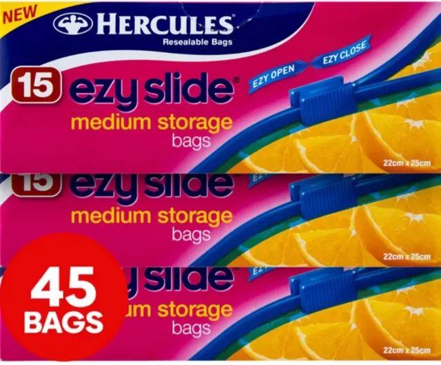 3 x 15pk Hercules Ezy Slide Zip Resealable Food Storage Bags Medium 22cm x 25cm