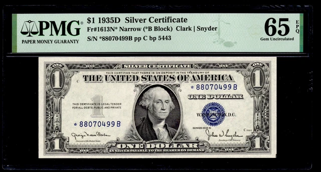 UNITED STATES 1935D NARROW $1 Silver Certificate. FR#: 1613N* (STAR) PMG: 65 EPQ