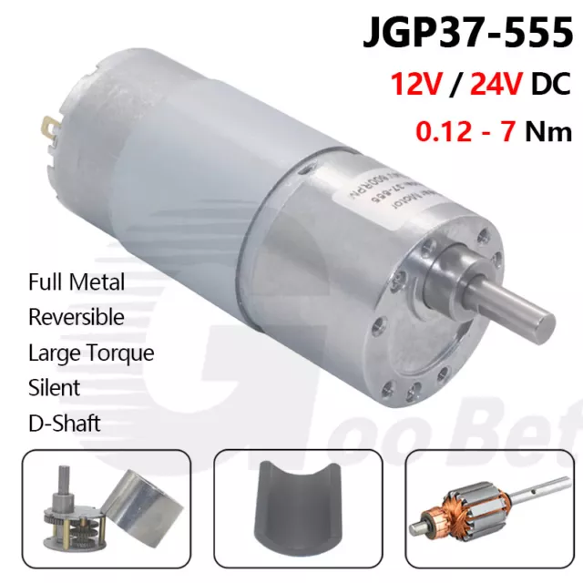 37MM Metal Geared Motor DC 12V 24V Reversible Large Torque 6mm D-Shaft JGP37-555