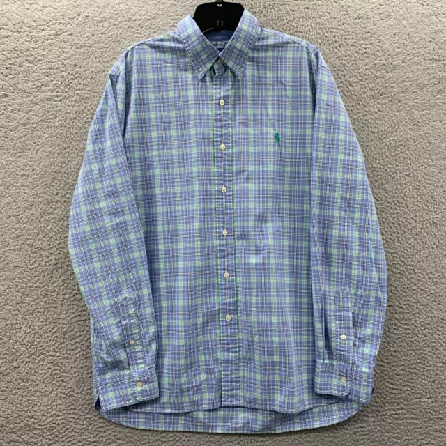 RALPH LAUREN Shirt Mens Large Plaid Button Up Long Sleeve Blue Green Stretch