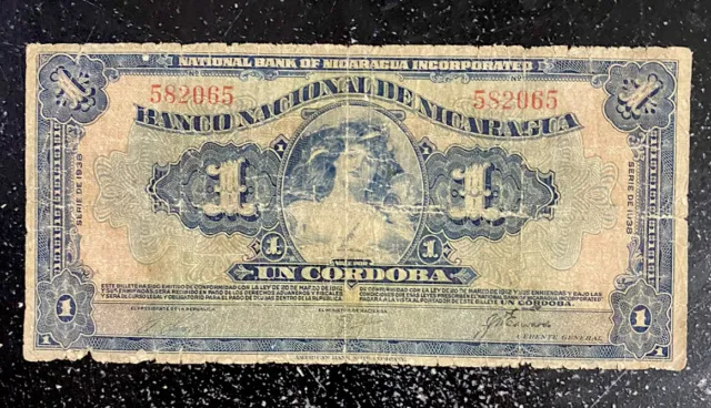 Nicaragua 1 Cordoba Series of 1938 Circulated World Paper Money FREE SHIPPING!!!