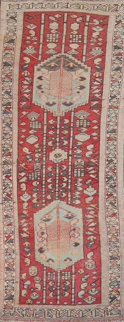 Alfombra de Corredor Hamedan Rojo Geométrico Tribal 3x10 Lana Hecha a Mano Alfombra de Pasillo