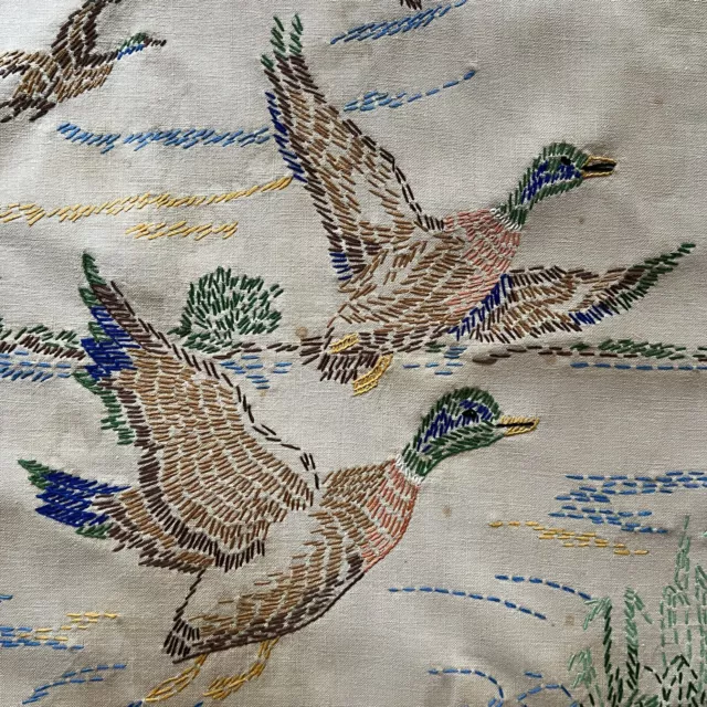 Vtg Kitchen Tea Dish Towel 40s 50s Embroidered Pheasants Retro Mid Century Cabin