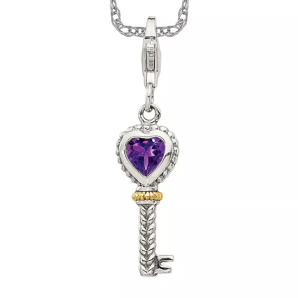925 STERLING SILVER Vintage Heart Amethyst Key Necklace Charm Gemstone ...