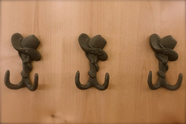 3 ANTIQUE-STYLE CAST IRON COWBOY WESTERN HAT HOOKS wall hardware rustic coat