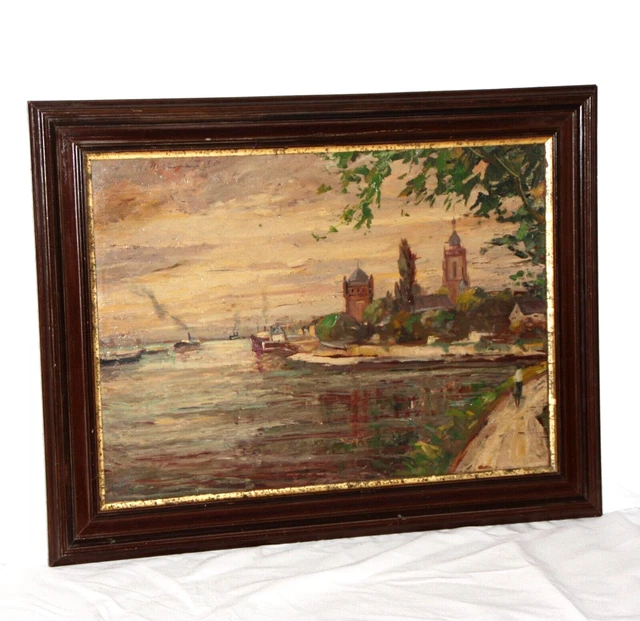 GEMÄLDE ÖL /HOLZ, Flusslandschaft Rhein, Rheingau, Eltville