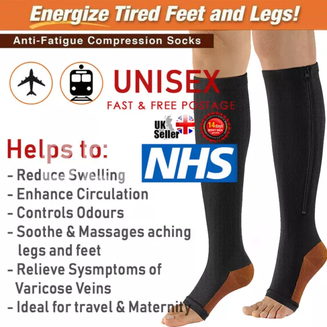 Unisex Copper Infused Anti-Fatigue Compression Socks Varicose Vein Stocking Zip