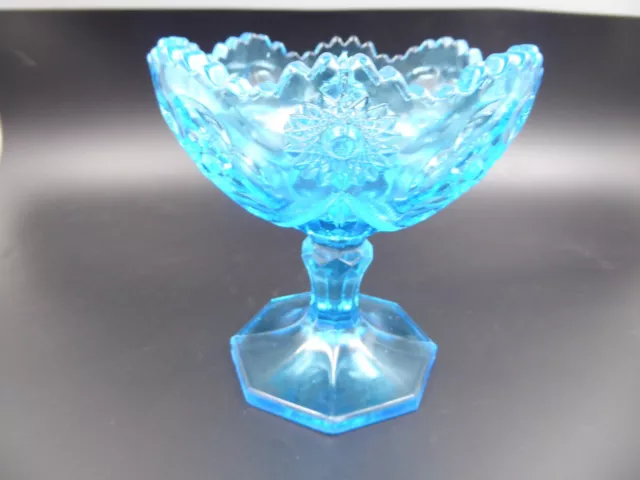 Vtg Kemple Azure Blue Glass Compote Flower & Garland Octagonal Foot Uv Glows