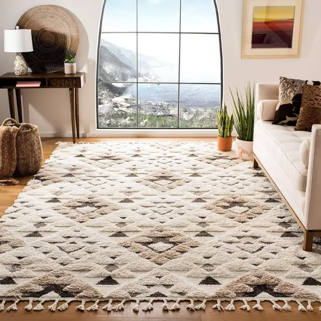 Moroccan Tassel Shag Collection Accent Rug - 3' X 5', Ivory & Brown Boho Design