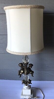Vtg Antique Marble Bronze/Brass Cherubs Dangling Legs Crystal TBL Lamp Italy 16”