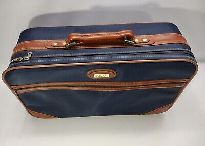 Jaguar Luggage Suitcase Travel Bag Green Brown Leather Trim Minor Stains Vintage 2