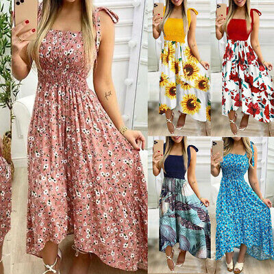 Women's Floral Summer Strappy Maxi Long Dress Ladies Beach Holiday Boho Sundress