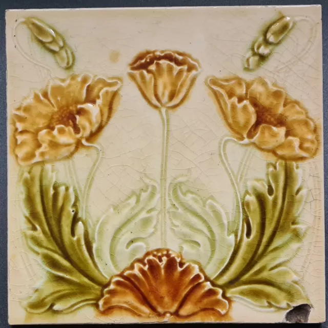 Antique Fireplace Art Nouveau Majolica Tile by Henry Richards C1905 AE2