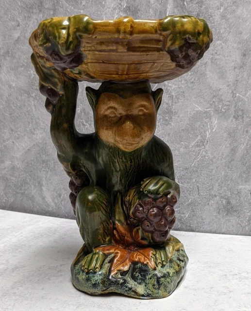 Vintage Majolica Monkey Pedestal Bowl 9" Tall High Quality Italy Mid-Century
