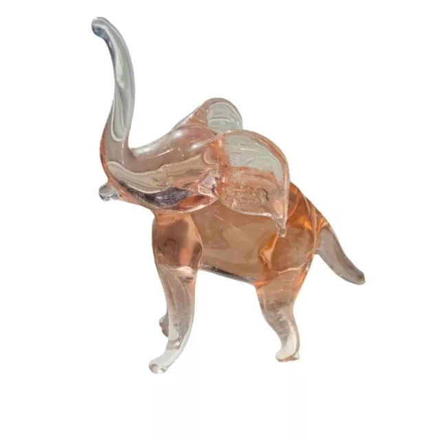 Miniature Pink Elephant Art Glass Figurine Trunk Up 2.5"h Vintage