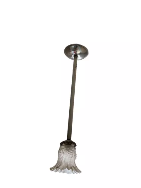Ancien Lustre Plafonnier Lampe Tulipe Verre Support Tube Aluminium