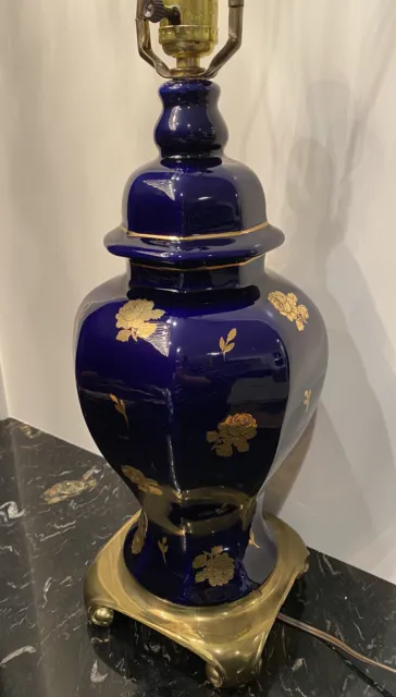 Beautiful Vintage Cobalt Blue With Gold Roses Brass Base Table Lamp 27.5"