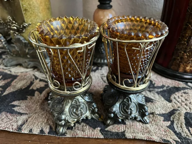 Pair Vintage Hollywood Regency Style Ornate Gold cast  Candlestick Holders