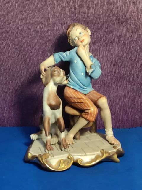 Capodimonte Collectible Figurine Boy Sitting with Dog by Volta Italy