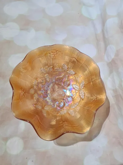 Marigold Iridescent Carnival Glass Waved Edge Bowl Cherrys Pears Apples