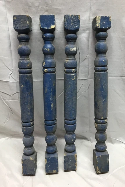 Set 4 Antique Turned 20" Wood Spindles Shabby Colbalt Blue Chic VTG Old 928-23B