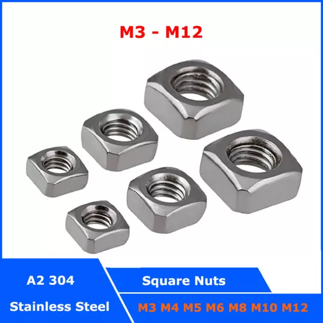Square Nuts A2 304 Stainless Steel Metric M3 M4 M5 M6 M8 M10 M12 fit Screw Bolts