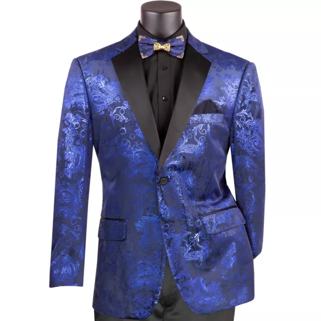 VINCI Men's Blue & Black Paisley Embossed Modern Fit Tuxedo Dinner Jacket NEW